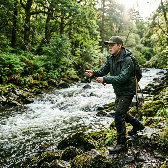 Adolescent pêchant avec enthousiasme une truite au lancer sur une rivière française en été