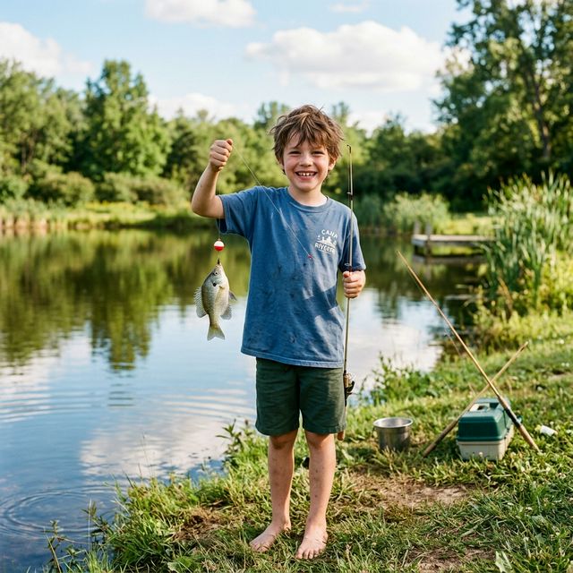 Enfant fier montrant son premier poisson au bord d'un étang français, accompagné par son père