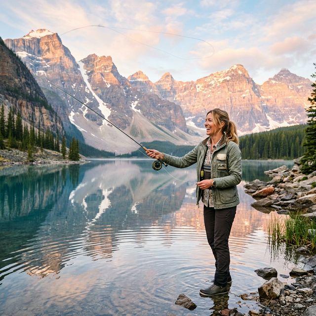 Jeune femme pêchant sereinement au bord d'un lac dans la campagne française, assise sur un ponton en bois