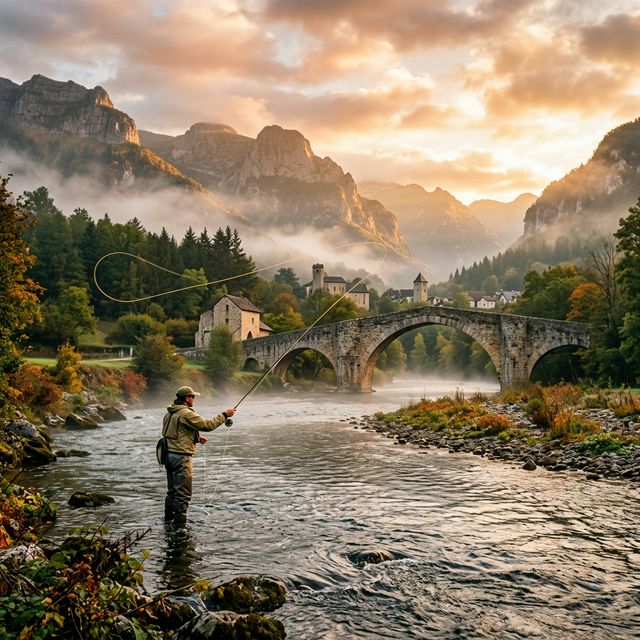 Pêcheur à la mouche au coucher du soleil sur une rivière française avec vieux pont en pierre et collines verdoyantes