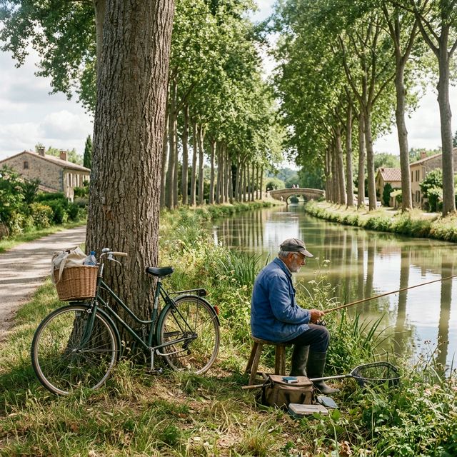 Pêcheur décontracté installé au bord d'un canal du sud de la France avec canne simple et panier pique-nique