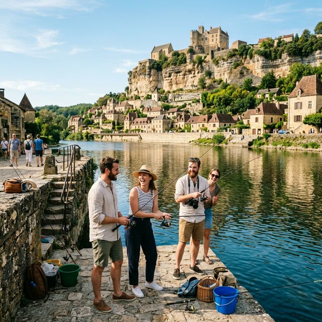 Groupe de touristes internationaux pêchant au bord d'un lac français en été