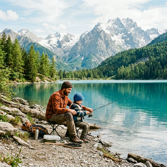 Pêcheur dans une barque sur un lac de montagne alpin, entouré de sapins et sommets enneigés