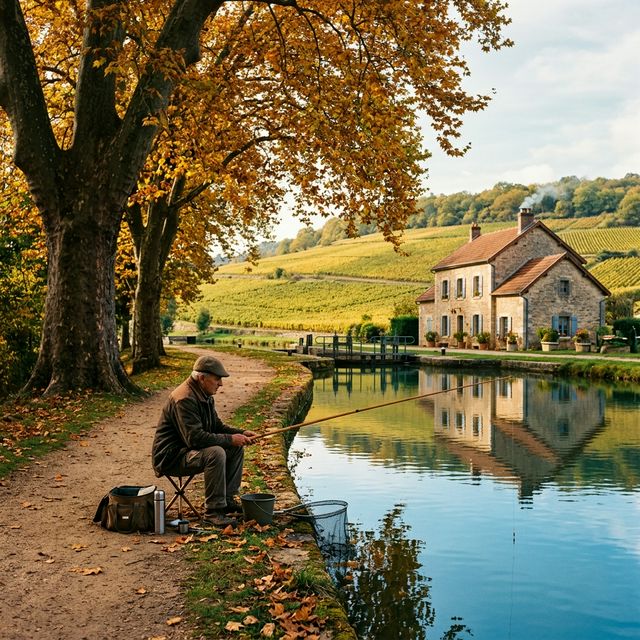 Pêche au coup sur le canal de Bourgogne en Côte-d'Or — pêcheur sous un platane automnal, maison éclusière et vignobles bourguignons