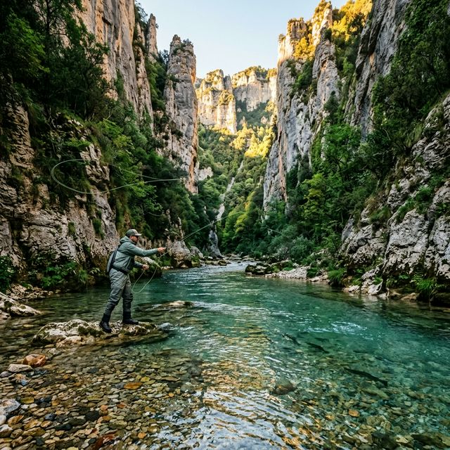 Pêche à la mouche dans les Gorges du Tarn en Lozère — falaises calcaires vertigineuses et eaux turquoise cristallines