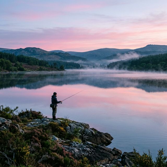 Lac de Naussac en Lozère à l'aube — pêcheur solitaire sur un promontoire rocheux face aux montagnes des Cévennes