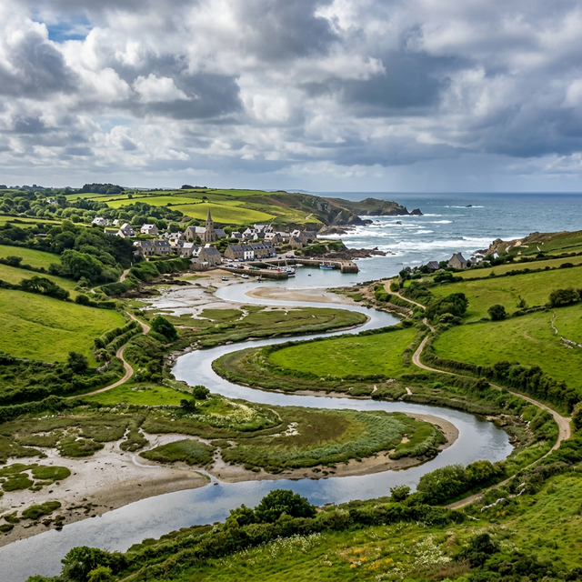 Rivière normande serpentant vers la côte atlantique — paysage verdoyant du Eure