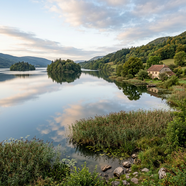 Grand lac entouré de collines boisées dans le Cher — paysage de pêche en France