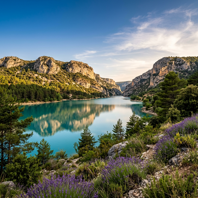 Plan d'eau méditerranéen entouré de garrigue et de pins dans le Tarn