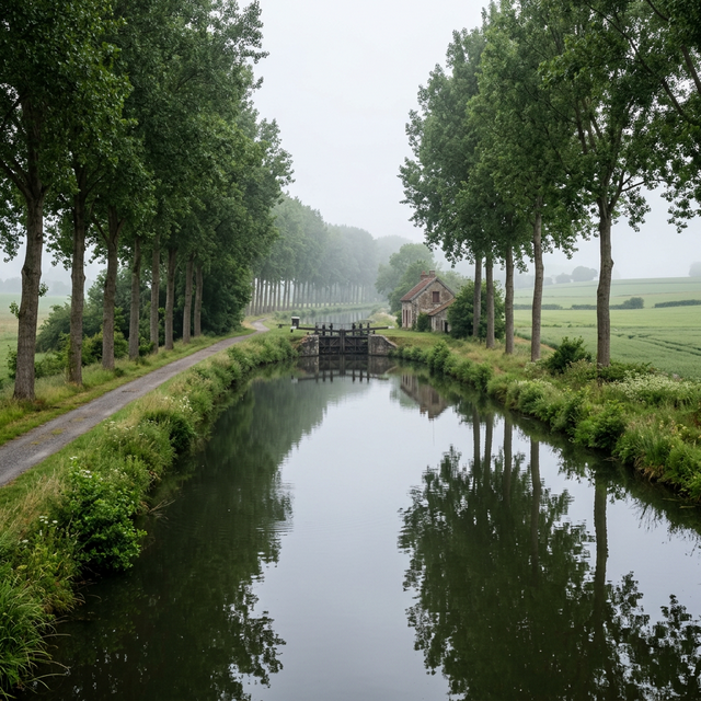 Canal bordé de peupliers dans la campagne du Oise — pêche au coup en eau calme
