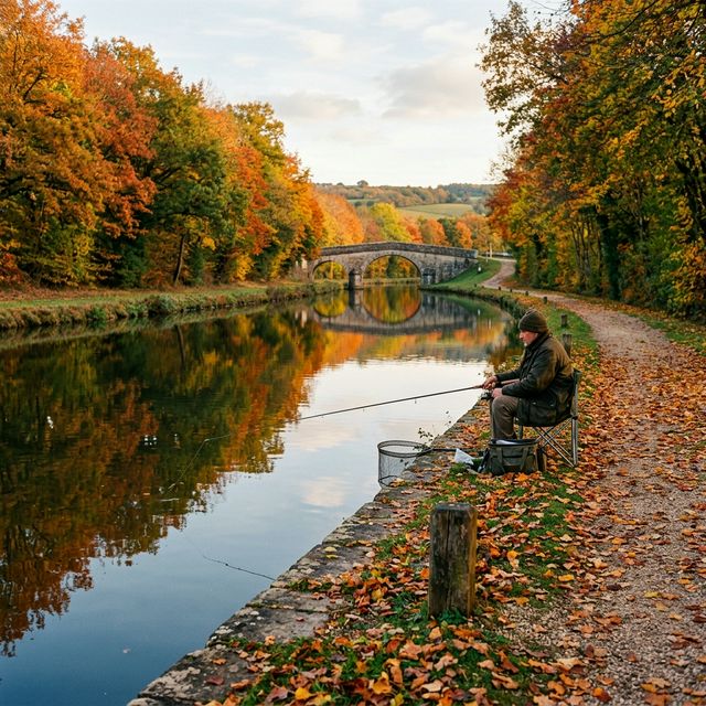 Pêche sur le canal du Nivernais en automne — couleurs dorées de la Bourgogne