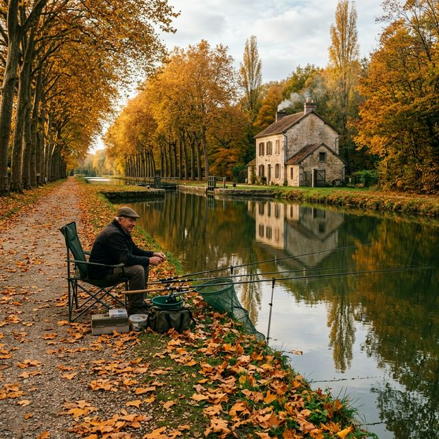 Pêche au coup sur le canal d'Orléans en automne — alignement de platanes dorés, écluse historique et reflets dans l'eau calme