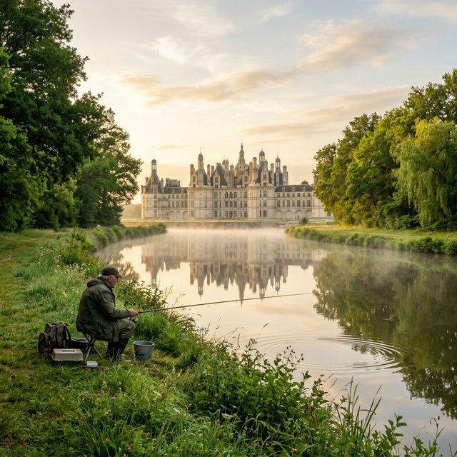 Pêche au lever du soleil sur le canal du Cosson devant le château de Chambord — reflets dorés dans la brume matinale