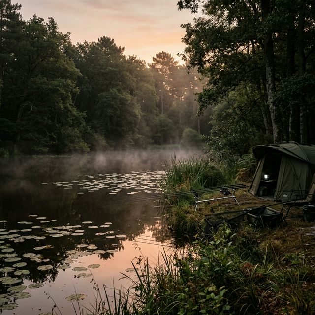 Bivouac de pêche à la carpe au lever du soleil sur un étang de Sologne — brume, nénuphars et forêt de chênes