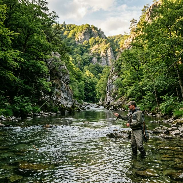 Pêche dans les gorges de la Sioule — rivière à truites entre falaises granitiques boisées