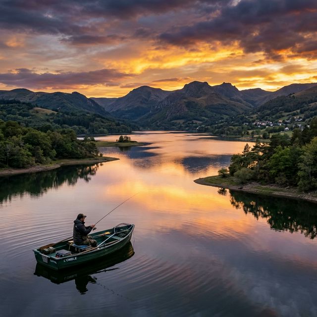 Pêche au crépuscule sur le lac de Saint-Étienne-Cantalès — montagnes volcaniques du Cantal