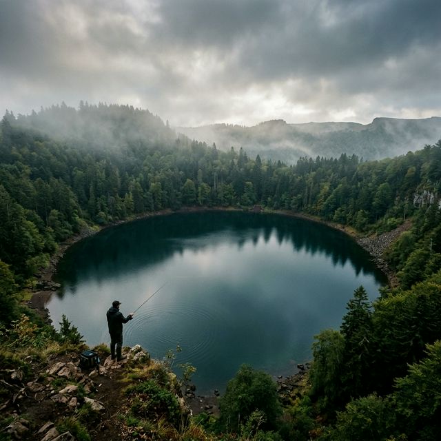 Pêche au lac Pavin — lac de cratère volcanique entouré de forêts denses