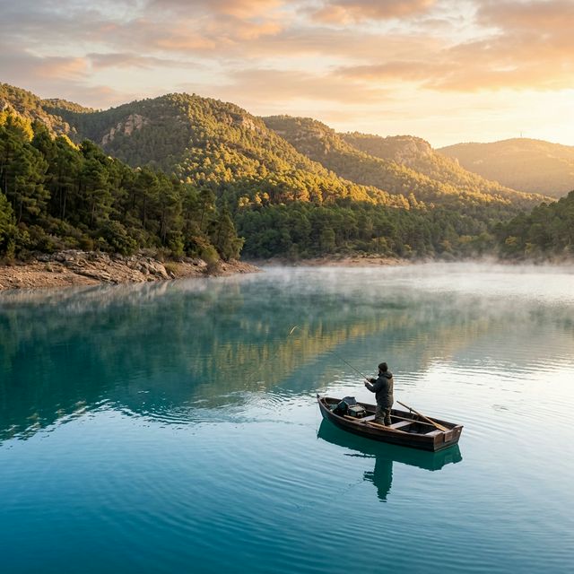 Pêche au lever du soleil sur le lac de Saint-Cassien — eaux turquoise entre collines boisées de pins méditerranéens