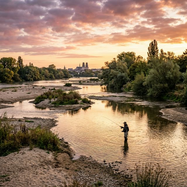 Pêche au lancer dans la Loire au lever du soleil près d'Orléans — grèves de sable doré et ciel enflammé