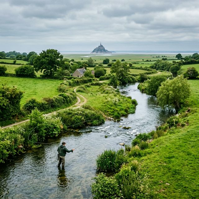 Pêche à la mouche sur la Sélune — bocage normand avec le Mont-Saint-Michel en arrière-plan