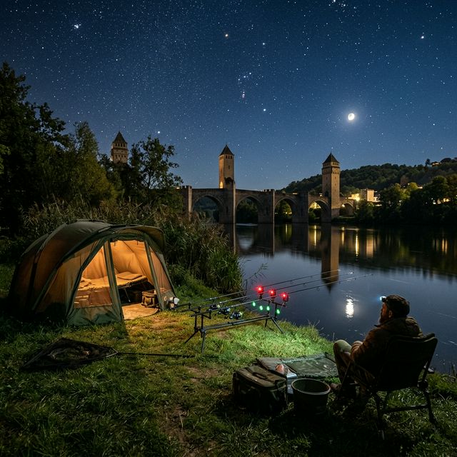 Session de pêche à la carpe de nuit au bord de la rivière Lot, bivvy, détecteurs lumineux, pont médiéval et ciel étoilé