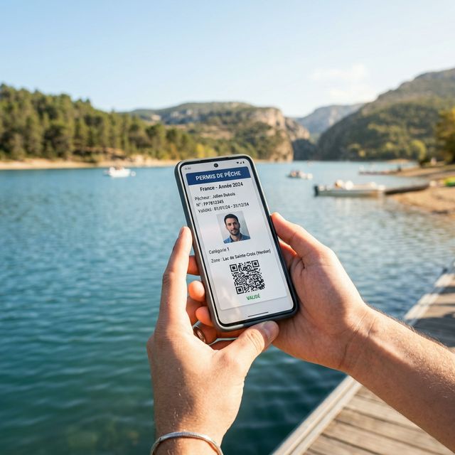 Mains tenant un smartphone affichant une carte de pêche numérique avec un lac en arrière-plan