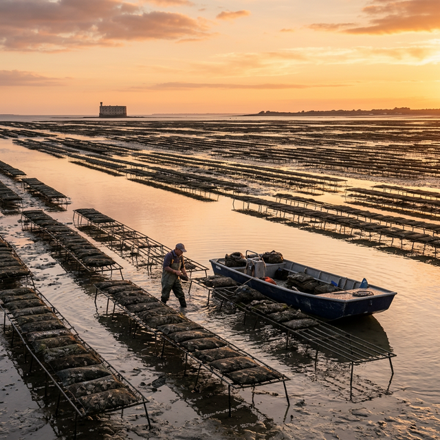 Parcs à huîtres de Marennes-Oléron au coucher de soleil, ostréiculteur travaillant dans les claires, Fort Boyard en silhouette à l'horizon