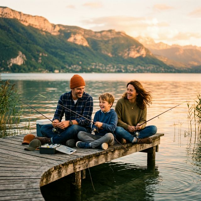 Une famille souriante pêchant en plein air sur un ponton en bois au coucher du soleil