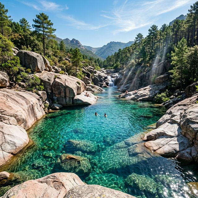 Piscine naturelle corse avec vasques turquoise profondes entourées de rochers de granit poli et maquis méditerranéen