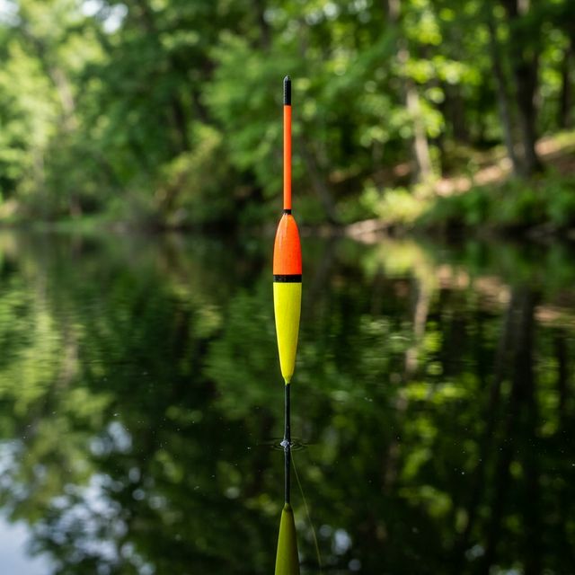 Gros plan sur un flotteur fin aux couleurs vives, posé sur l'eau calme d'un lac