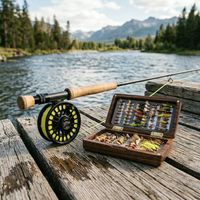 Équipement complet de pêche à la mouche : canne, moulinet, soie, mouches et accessoires