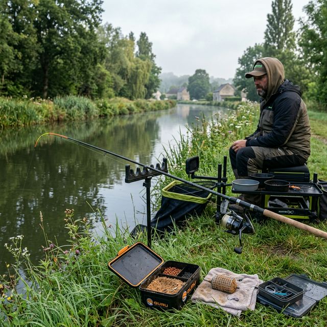 Session de pêche au feeder sur un canal français avec canne, cage feeder et appâts