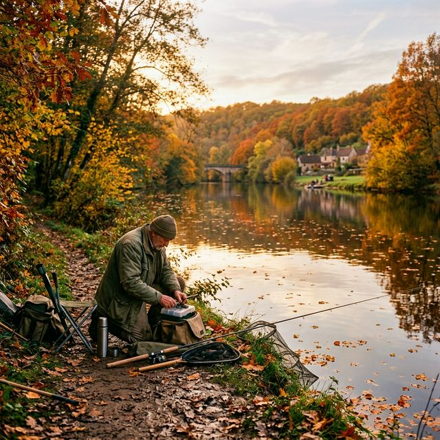 Pêcheur rangeant son matériel au bord d'une rivière en automne, fin de saison de pêche
