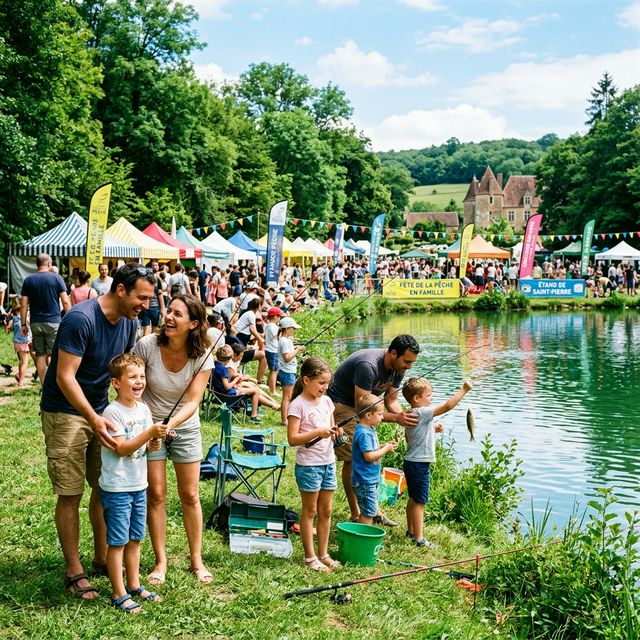 Familles et enfants pêchant ensemble lors de la Fête de la Pêche, festival de plein air en France