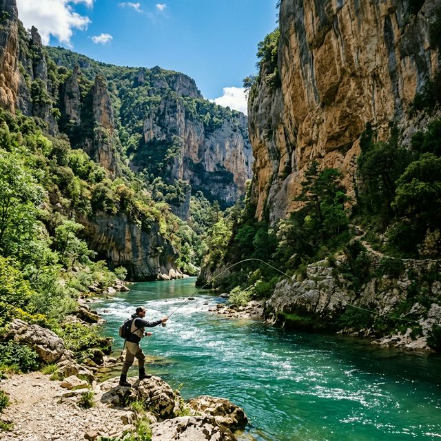 Pêcheur à la mouche dans les gorges du Tarn, canyon vertigineux avec eaux turquoise et falaises calcaires
