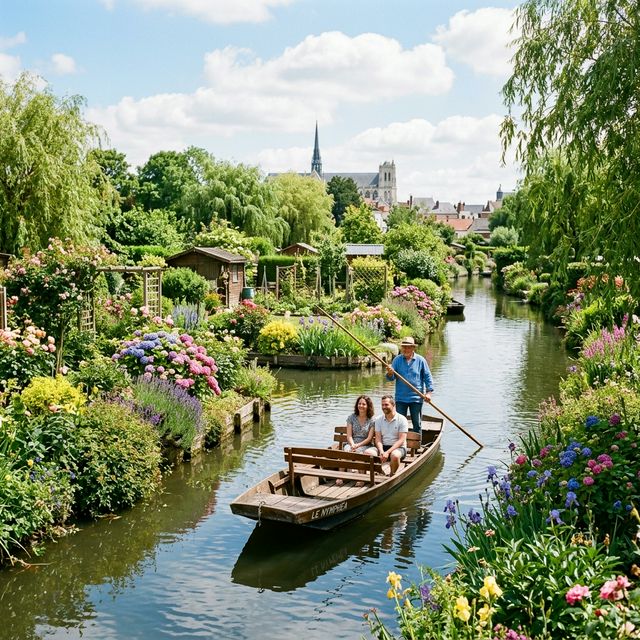 Hortillonnages d'Amiens avec canaux entre jardins flottants, barque traditionnelle, saules pleureurs et flèche de la cathédrale