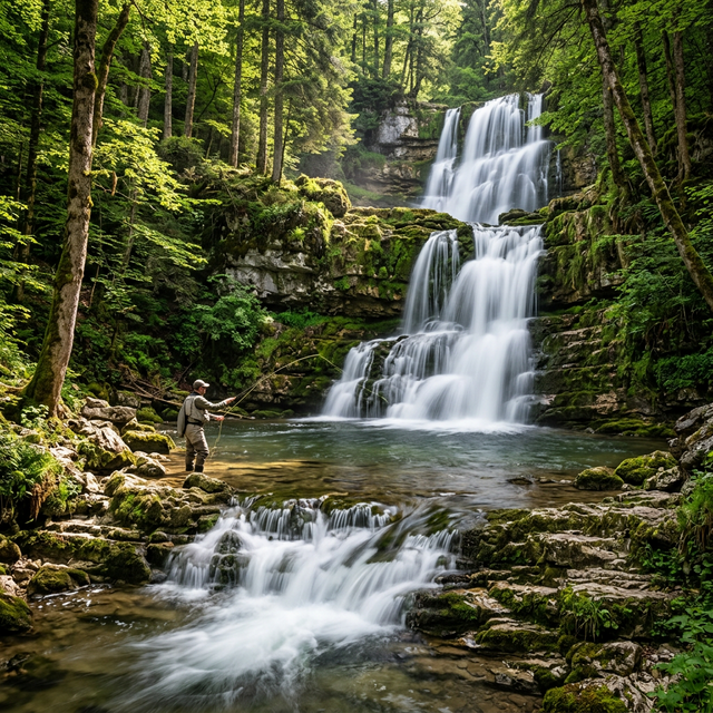 Pêcheur à la mouche en pleine action dans la vasque au pied des Cascades du Hérisson, falaises rocheuses couvertes de mousse et de forêt verdoyante