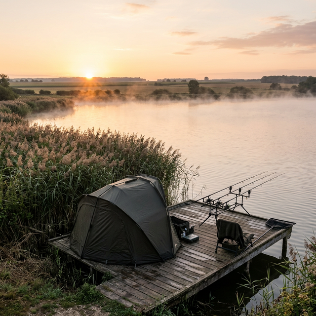 Installation de pêche carpe de nuit (bivvy et rod pod) sur un ponton au bord d'un lac en Champagne, brume dorée à l'aube, roseaux