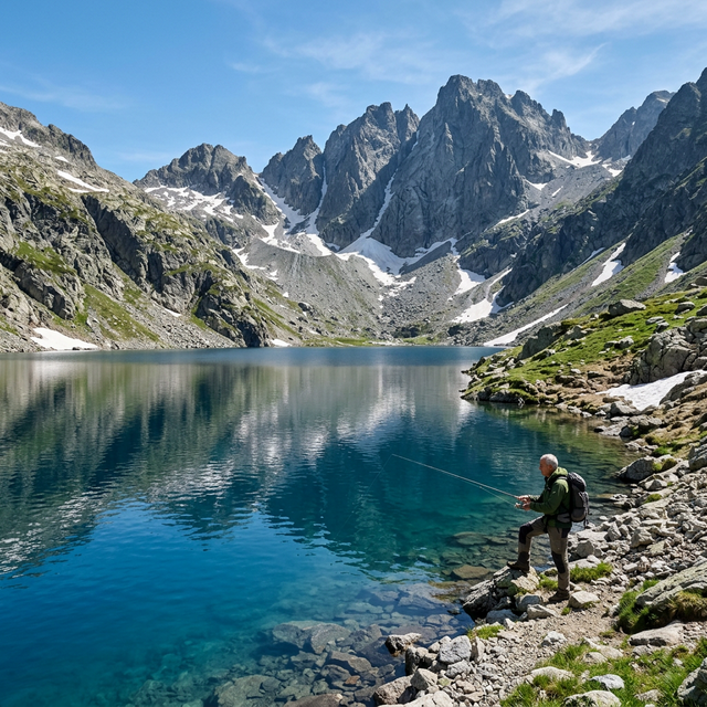 Lac de montagne à 2200m dans les Hautes-Pyrénées, eau bleu profond, rochers granitiques, neige résiduelle, pêcheur avec canne ultralégère