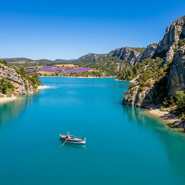 Lac de Sainte-Croix aux eaux turquoise entouré de champs de lavande et de falaises calcaires, petit bateau de pêcheur sur l'eau, Provence