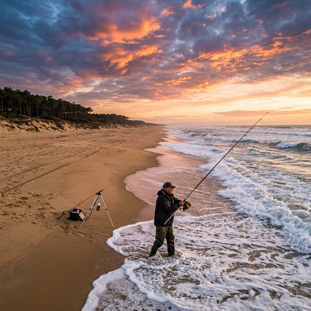 Surfcaster sur l'immense plage des Landes au coucher de soleil, vagues atlantiques, ligne de pins sur les dunes
