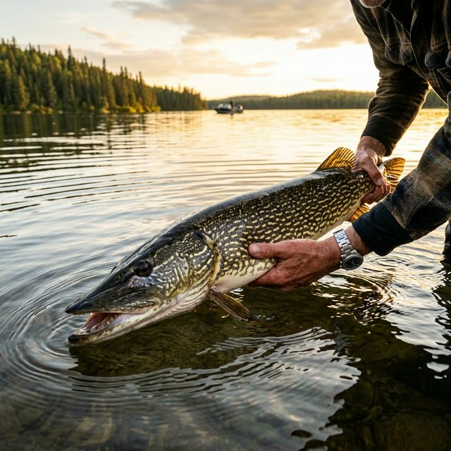 Pêcheur remettant délicatement un gros brochet à l'eau dans un lac au coucher du soleil