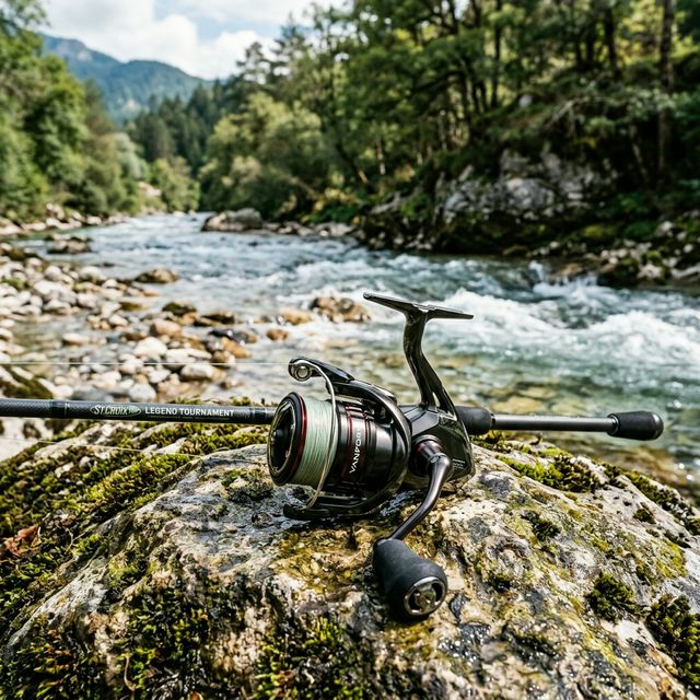 Moulinet et canne spinning posés sur un rocher au bord d'une rivière française aux eaux claires