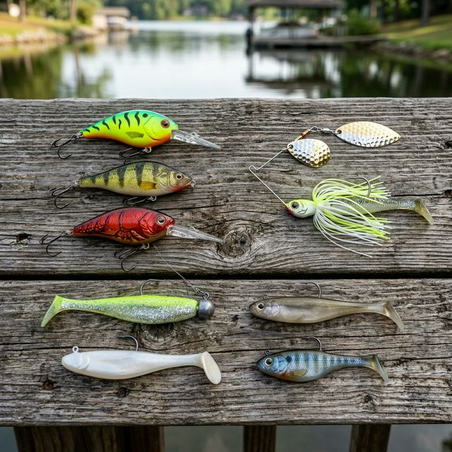 Sélection de leurres de pêche colorés sur un quai en bois : poissons nageurs, leurres souples et spinnerbait