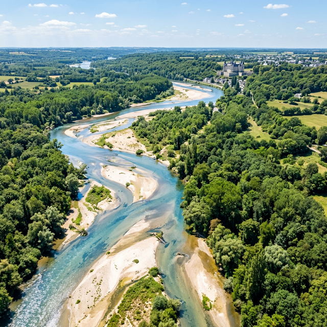 Vue aérienne de la Loire sauvage avec bancs de sable blanc, bras tressés, forêt dense et château au loin