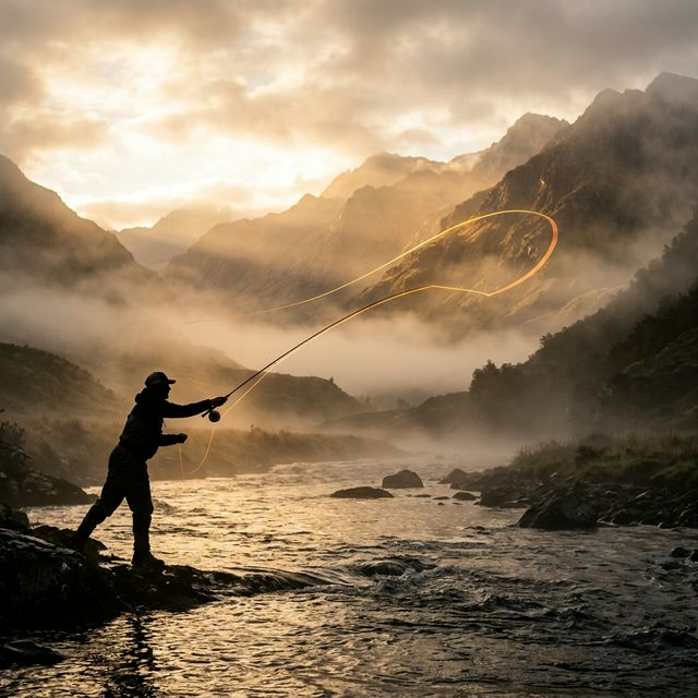 Silhouette d'un pêcheur à la mouche lançant une boucle de soie au-dessus d'une rivière
