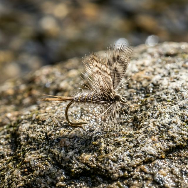 Macrophotographie d'une mouche sèche artificielle aux détails incroyables posée sur une pierre de rivière