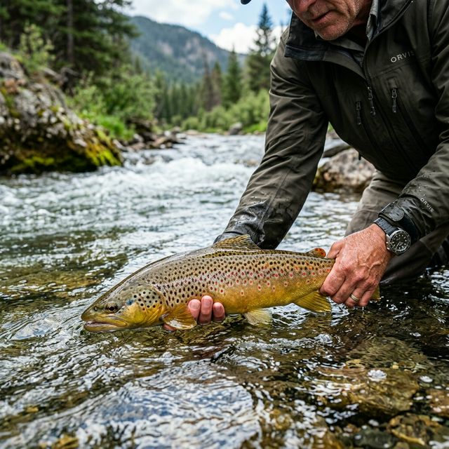 Pêcheur remettant délicatement une truite fario à l'eau dans un ruisseau de montagne