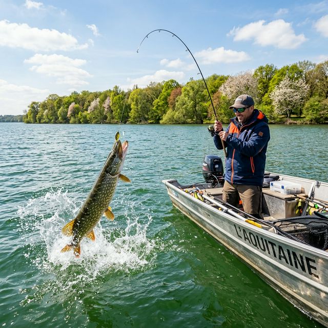 Pêcheur combattant un brochet sautant hors de l'eau sur un lac français au printemps