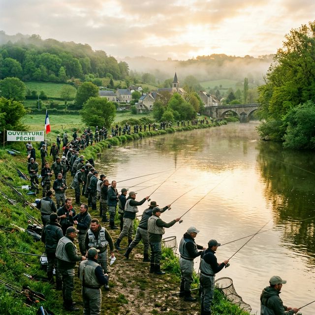 Ouverture de la pêche en France avec des dizaines de pêcheurs alignés le long d'une rivière à l'aube